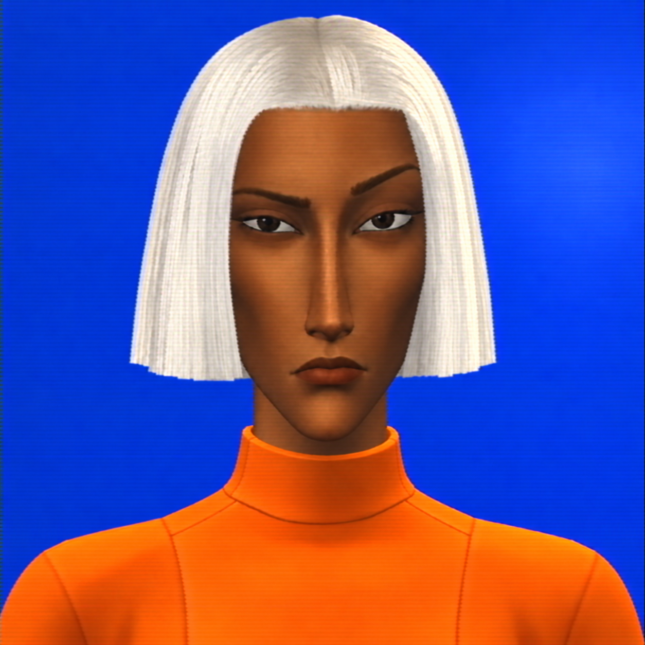 Alidade's broadcast portrait: white bob, orange top and cobalt background